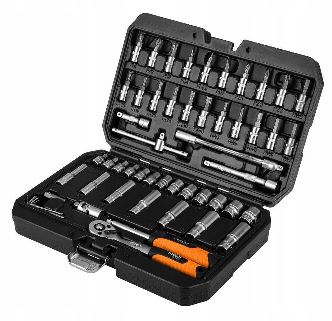 Klucze nasadowe 1/4", zestaw 55 elementów Neo 10-201 PH, PZ, TX, HEX i SL